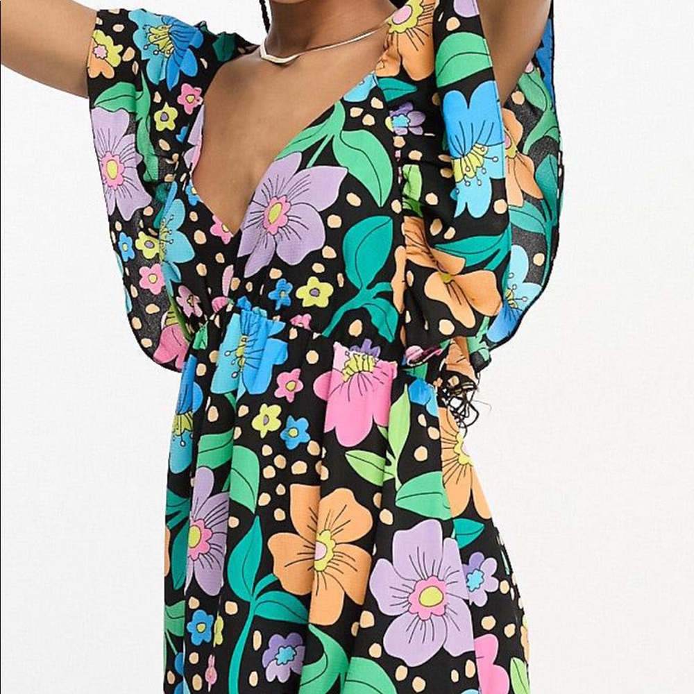 Floral frill sleeve mini dress